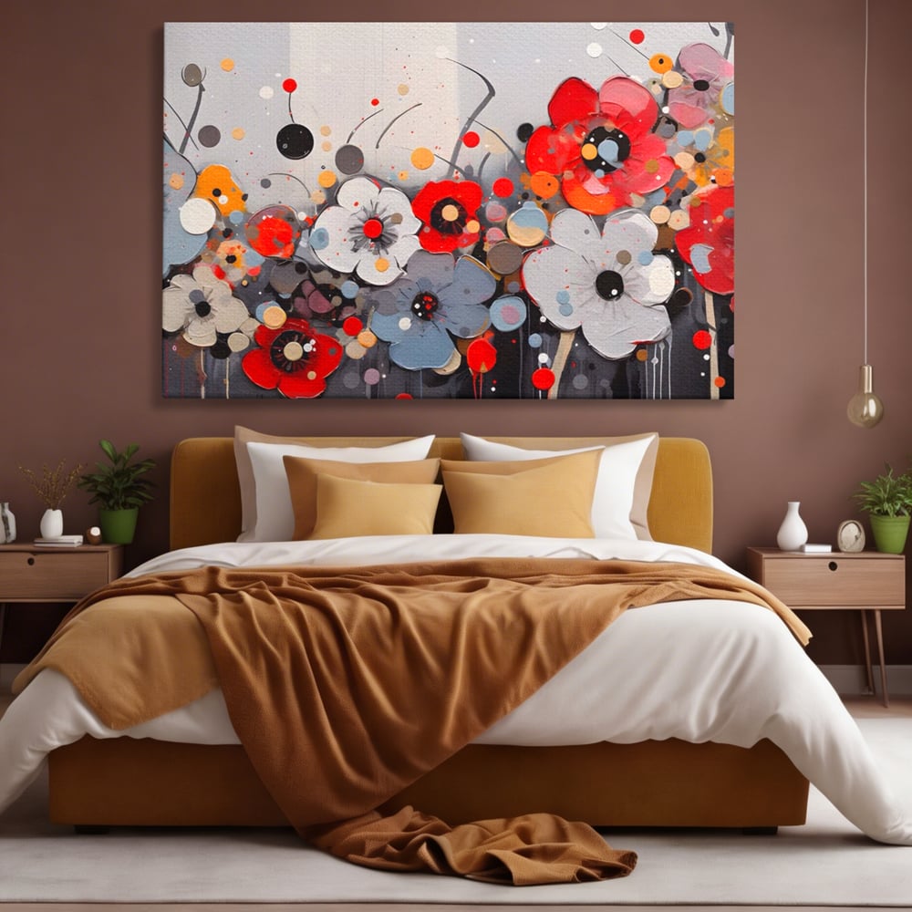 Tablou canvas cu pictura canvas cu flori colorate in relief, fara rama, pe sasiu de lemn, pe perete intr-un dormitor